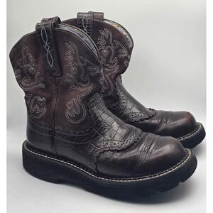 Ariat Fatbaby Boots Youth 6 Brown Western Leather Faux Croc Embroidered Suede